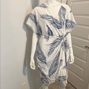 White and Blue Leaf Print Dress cross the